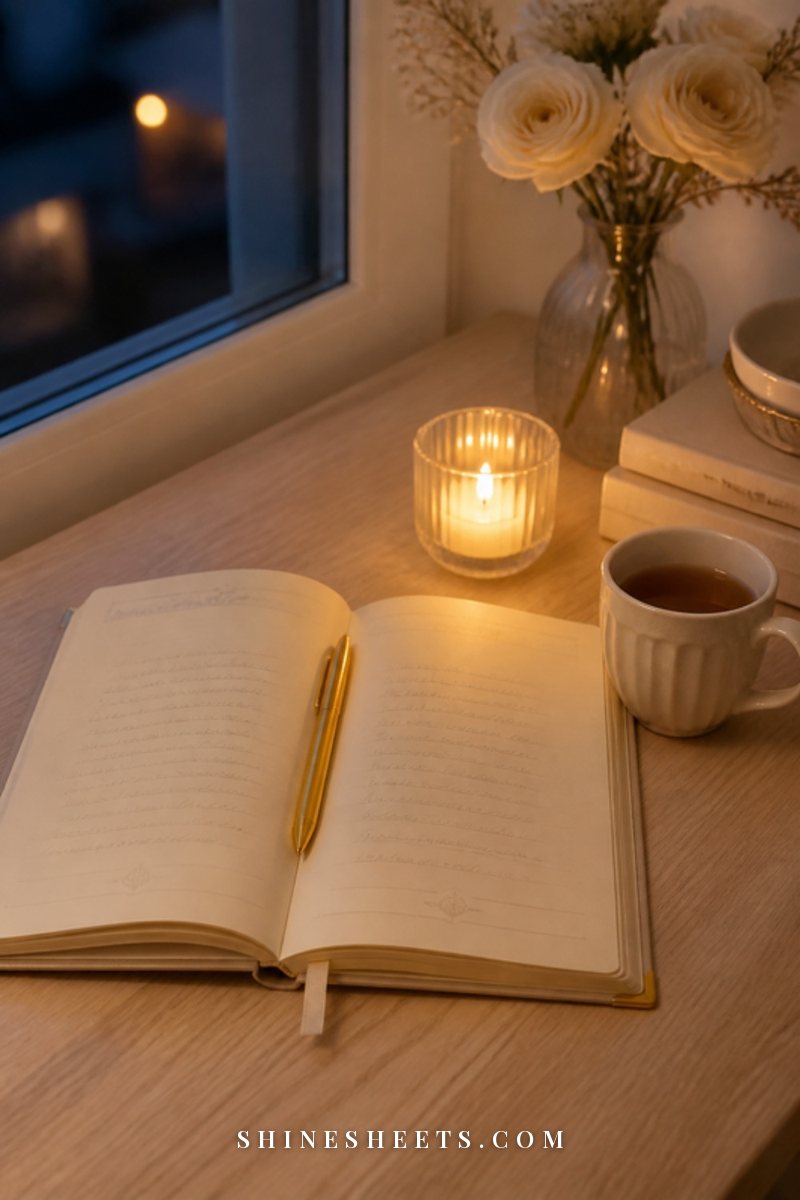 A cream guided journal open on a linen bed with a gold pen, a glass jar candle glowing beside it at dusk