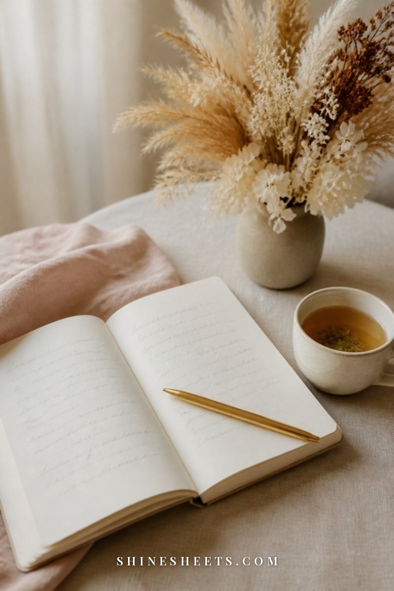 An open cream journal with soft illegible handwriting, a gold pen and a cup of herbal tea on a linen tablecloth