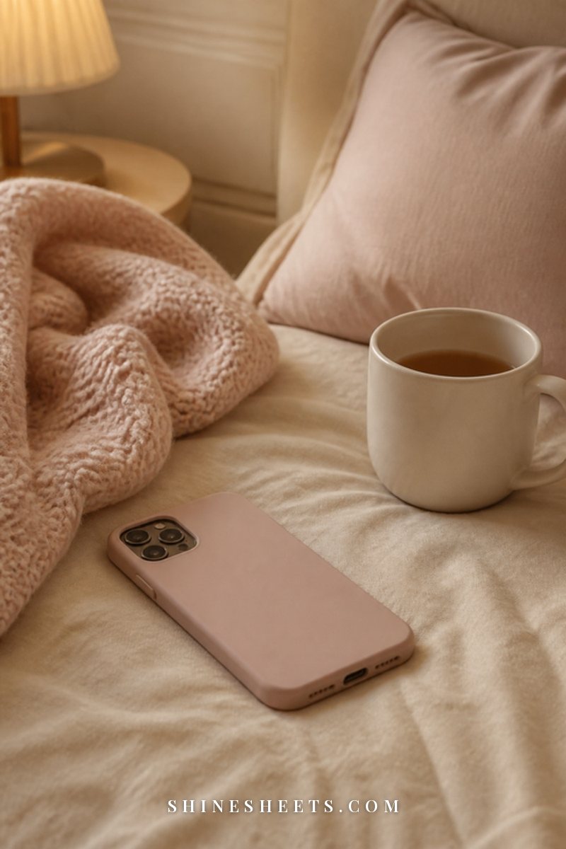 A phone lying face down on a cream bedspread next to a mug of tea and a folded blush knit blanket