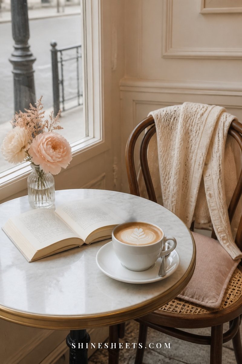 A single cup of coffee and an open book on a sunny café table by a window with soft autumn light