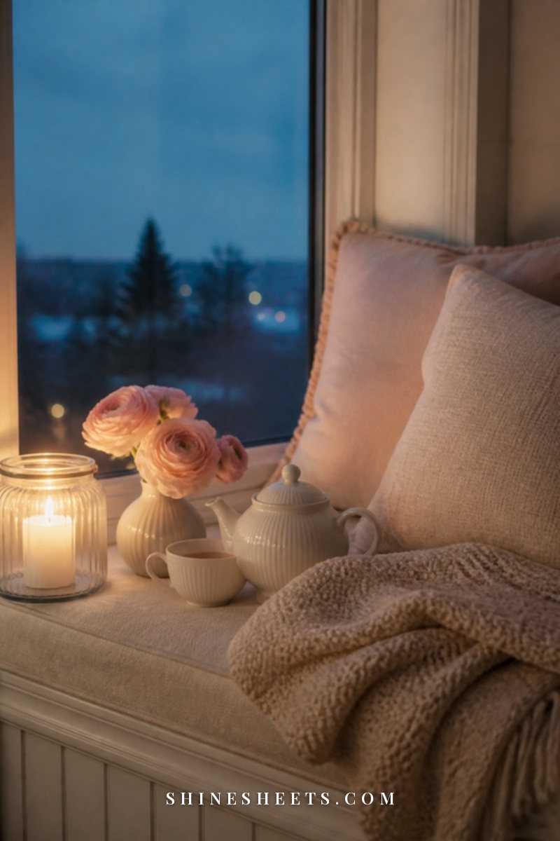 A sunlit window seat with a cream throw, a glass jar candle, an open journal and a cup of tea in soft afternoon light