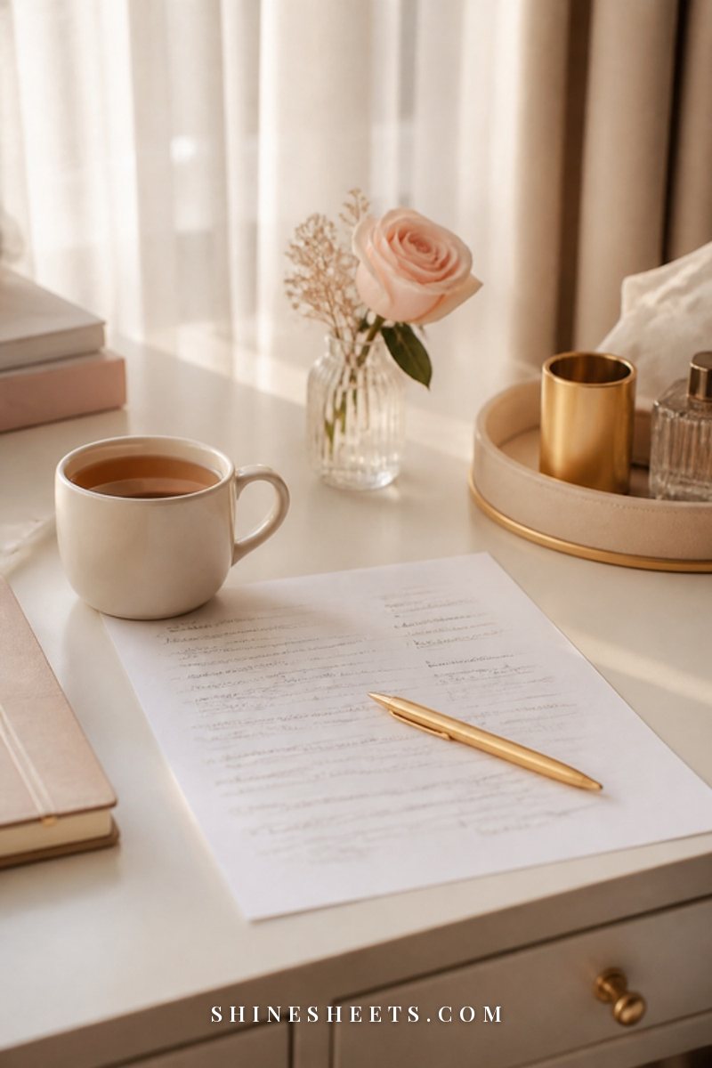 A tidy cream desk with a printed page marked with soft pencil notes, a gold pen and a mug of tea in morning light