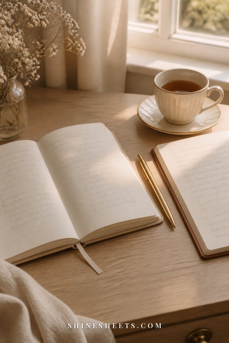 Two cream notebooks side by side on a wooden desk with a gold pen, a cup of tea and a sprig of dried flowers