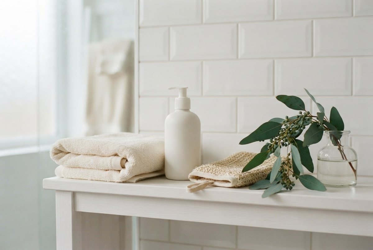 Cream towel, a body lotion bottle, an exfoliating mitt and a eucalyptus sprig on a white bathroom shelf in soft daylight