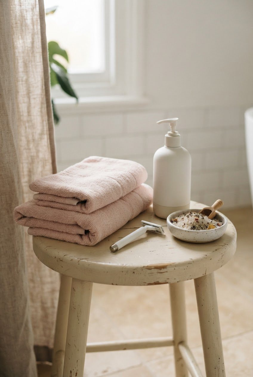 Folded blush towels, a white razor, a pump bottle of lotion and a small dish of bath salts on a cream wooden stool