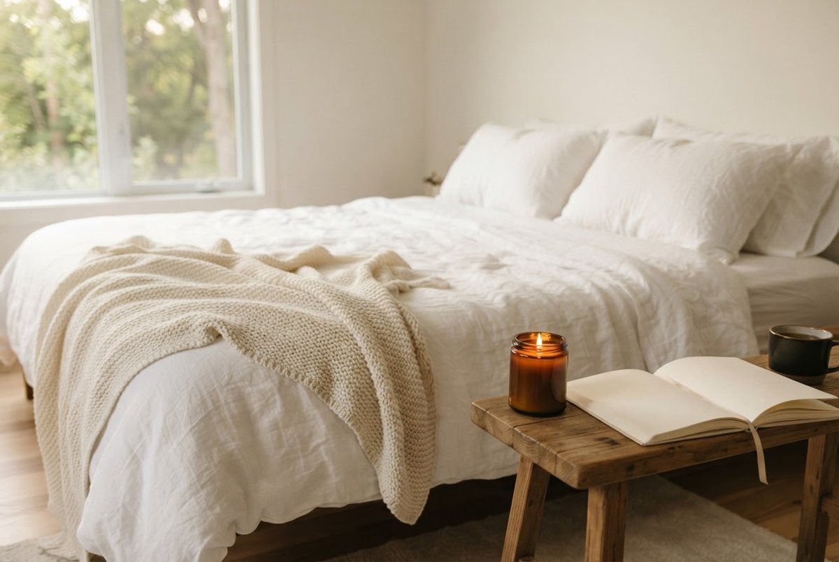 Freshly made bed with white linen sheets, a glass candle and an open weekly planner on a cream throw in soft afternoon light