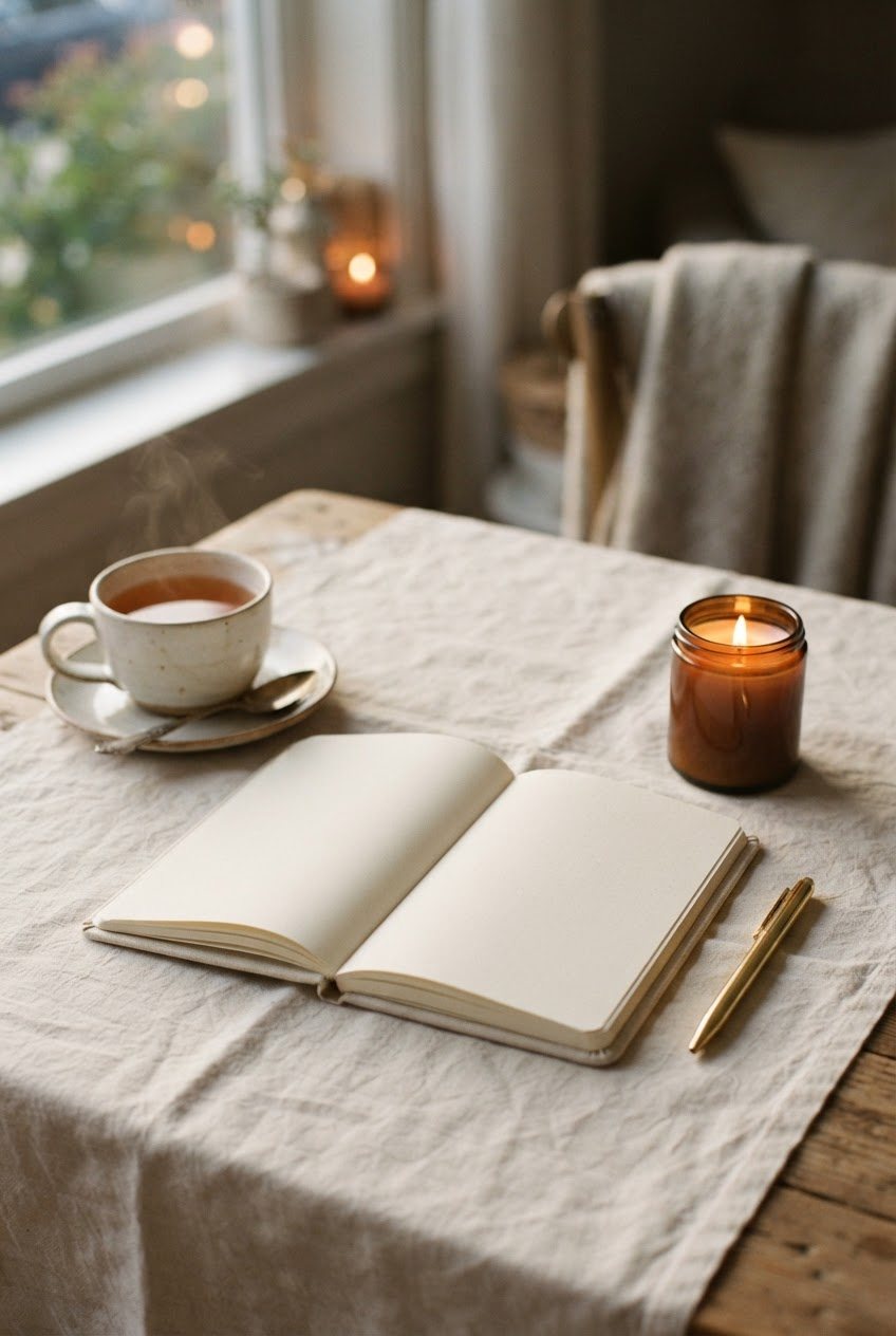 Open weekly planner, a gold pen, a glass candle and a cup of tea on a cream linen tablecloth