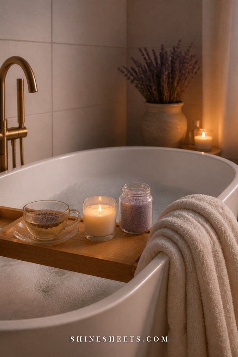 Bath with soft bubbles, a lavender bath salt jar, a glass candle and a cup of herbal tea on a wooden bath tray