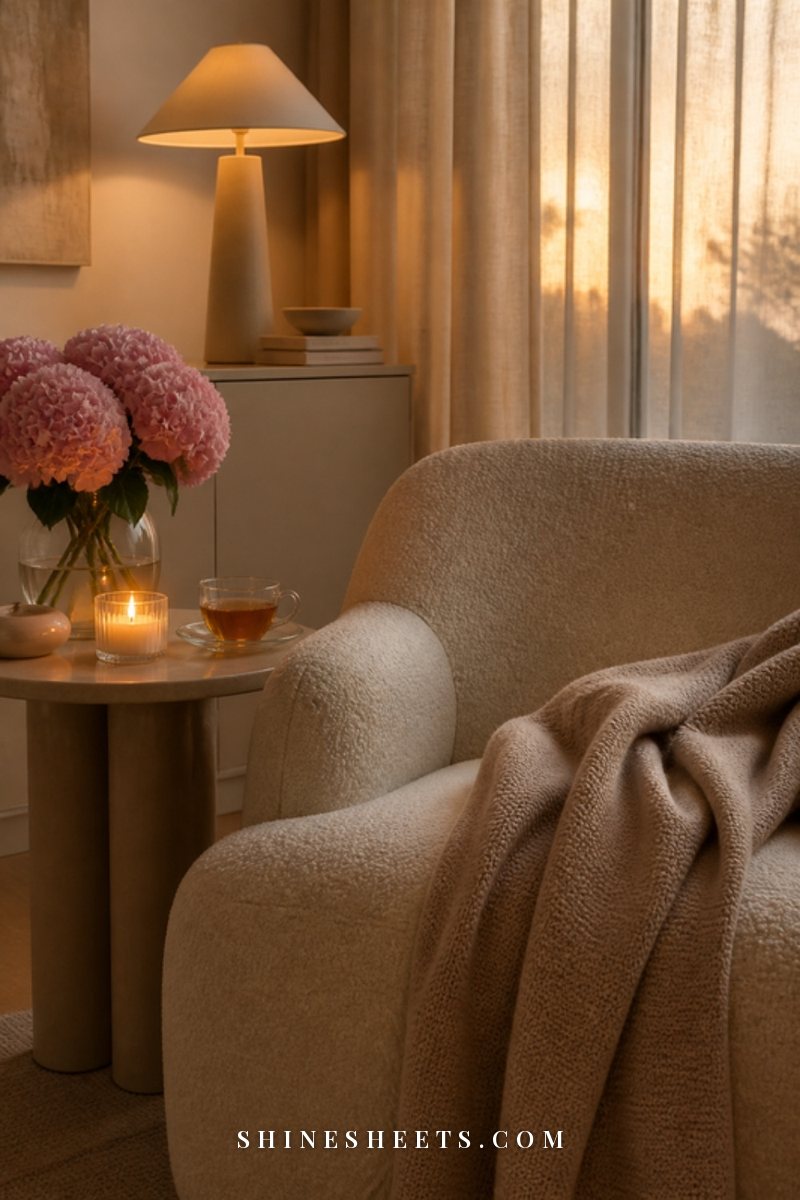 Calm living room in early evening light with a lit glass candle, a folded blanket and a cup of tea on a cream side table