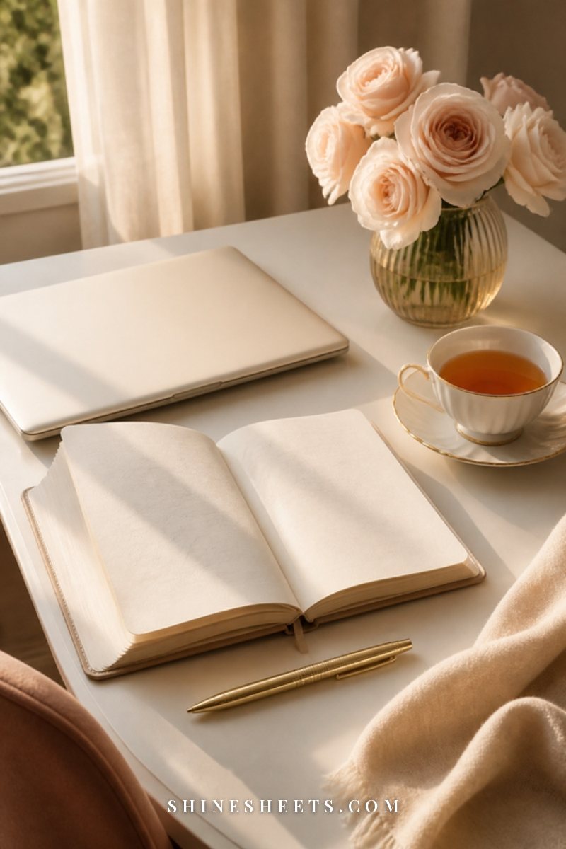Cream weekly planner open beside a closed laptop, a pen and a cup of tea on a tidy desk in late afternoon light