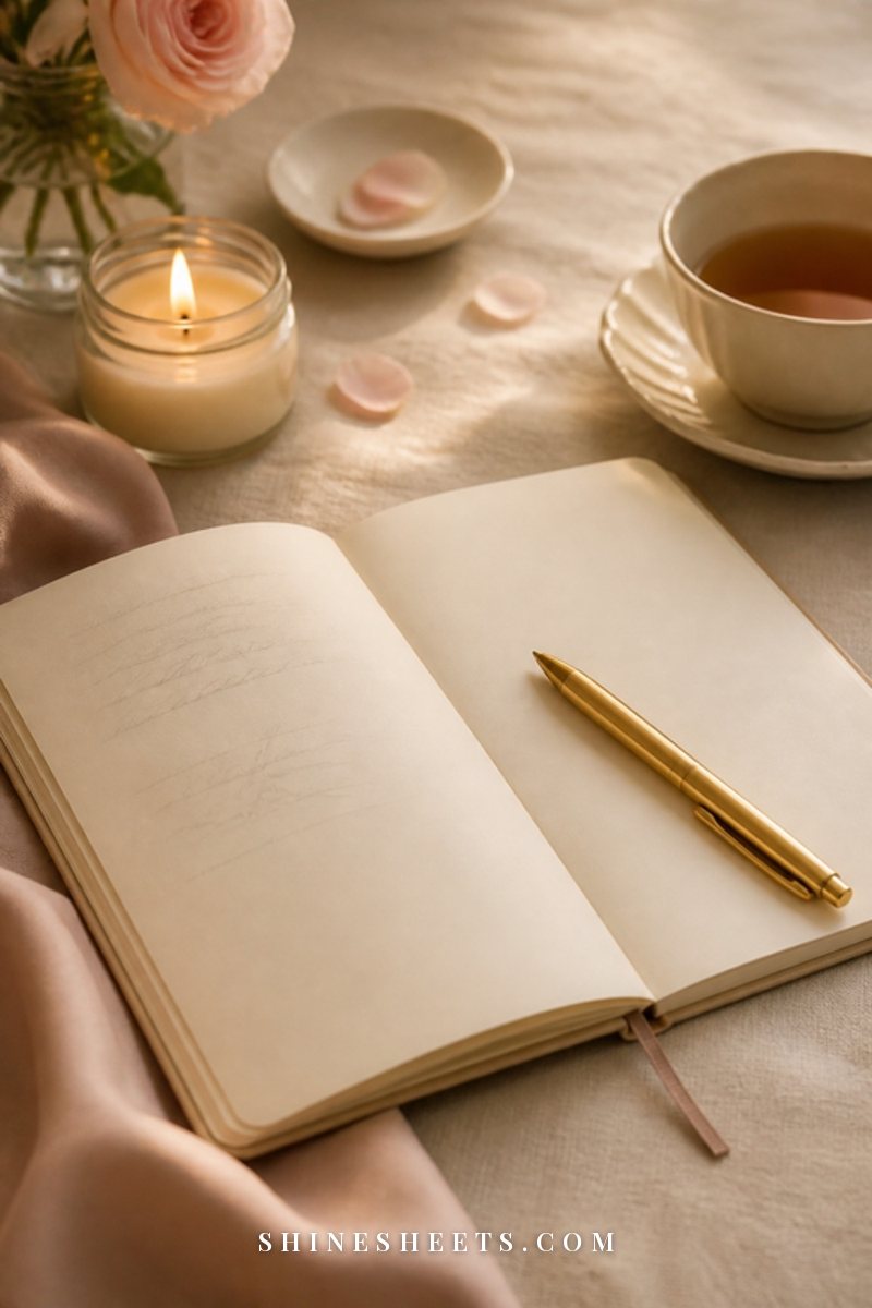 Open blank notebook with soft scribbles, a gold pen and a small glass candle on a cream linen tablecloth