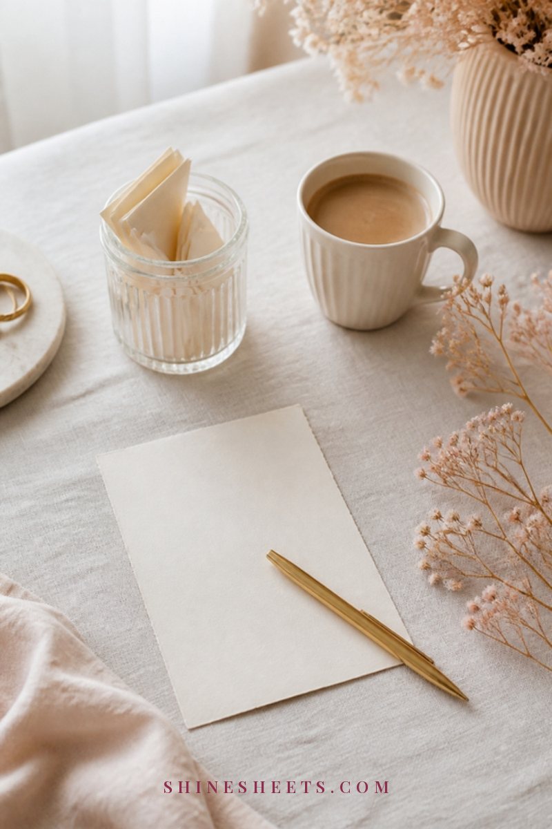A cream notecard, a gold pen and a small glass jar of folded love notes on a linen table beside a cup of coffee