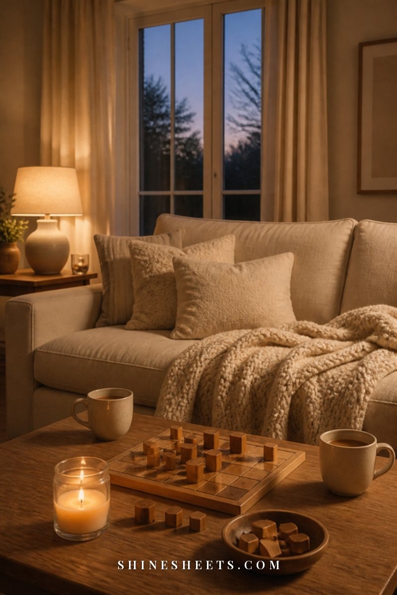 A living room set for a cozy night in with a lit glass jar candle, a knit throw on the sofa and a wooden board game on the coffee table
