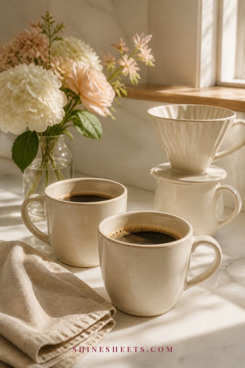 Two cream ceramic coffee mugs on a sunlit kitchen counter with a folded linen napkin and a small vase of flowers