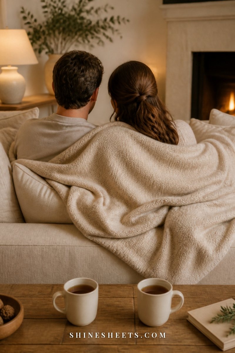 A couple seen from behind sitting close on a cream sofa with a soft throw blanket and two mugs on the side table