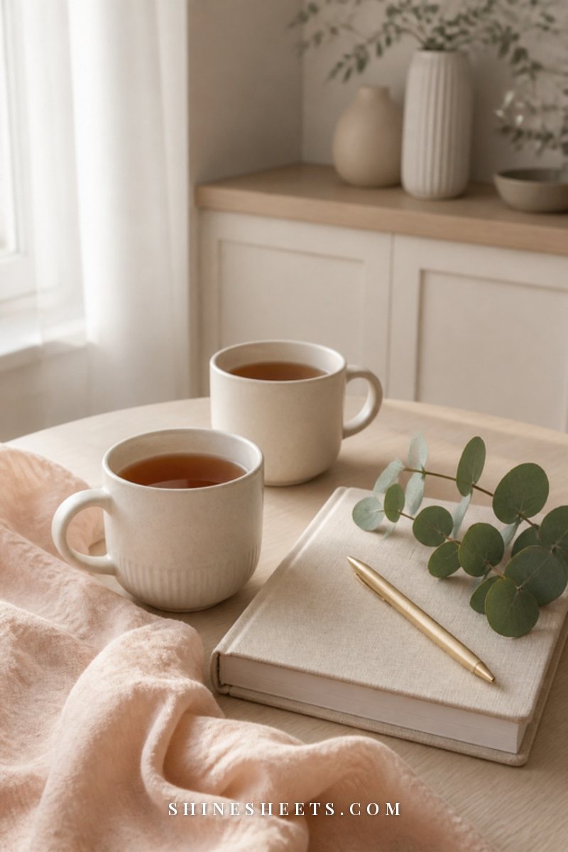 Two cream ceramic mugs of tea on a kitchen table beside a closed cream notebook and a gold pen in soft morning light