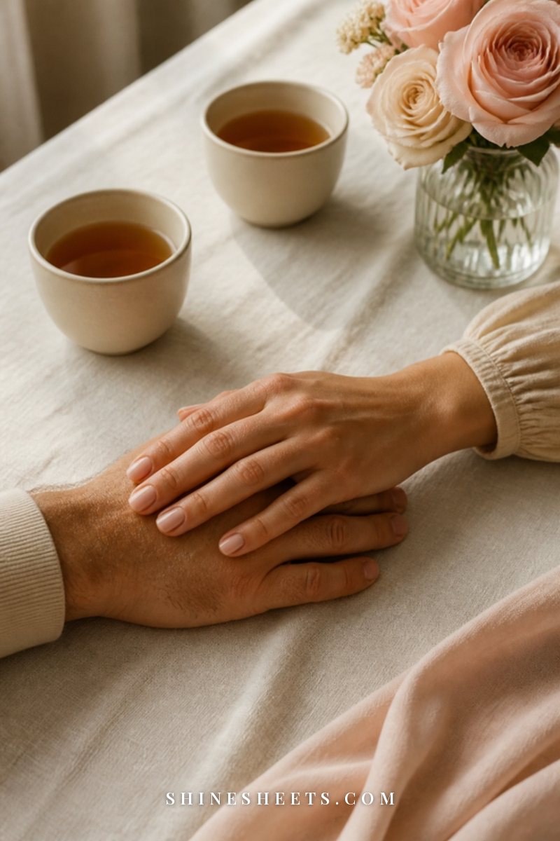 Two hands resting gently together on a cream linen tablecloth beside two cups of tea in warm afternoon light
