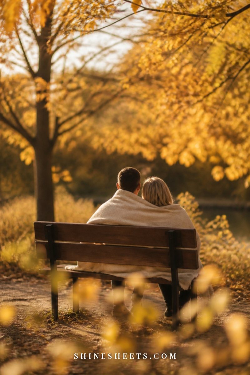 A couple seen from behind sitting close on a park bench in golden autumn light, wrapped in a cream blanket