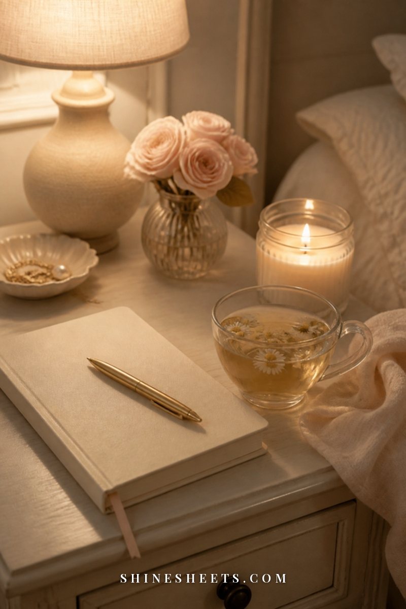 A cream journal and gold pen on a nightstand next to a cup of chamomile tea and a softly glowing glass candle in the evening