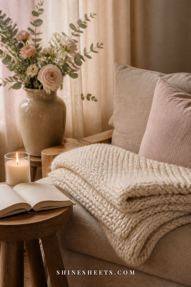 A cream knit throw folded on a linen sofa beside a lit glass jar candle and an open book in warm afternoon light