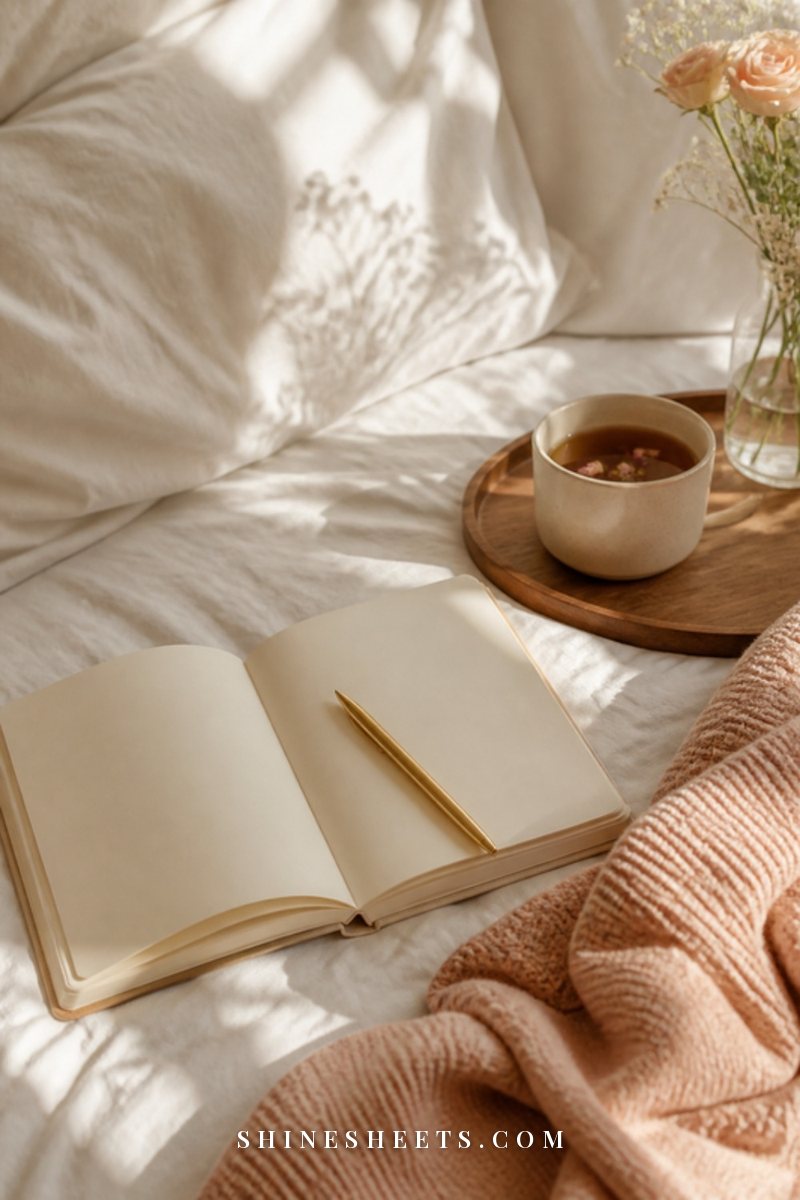 An open cream journal with a gold pen, a cup of herbal tea and a sprig of dried flowers on a white linen bedspread