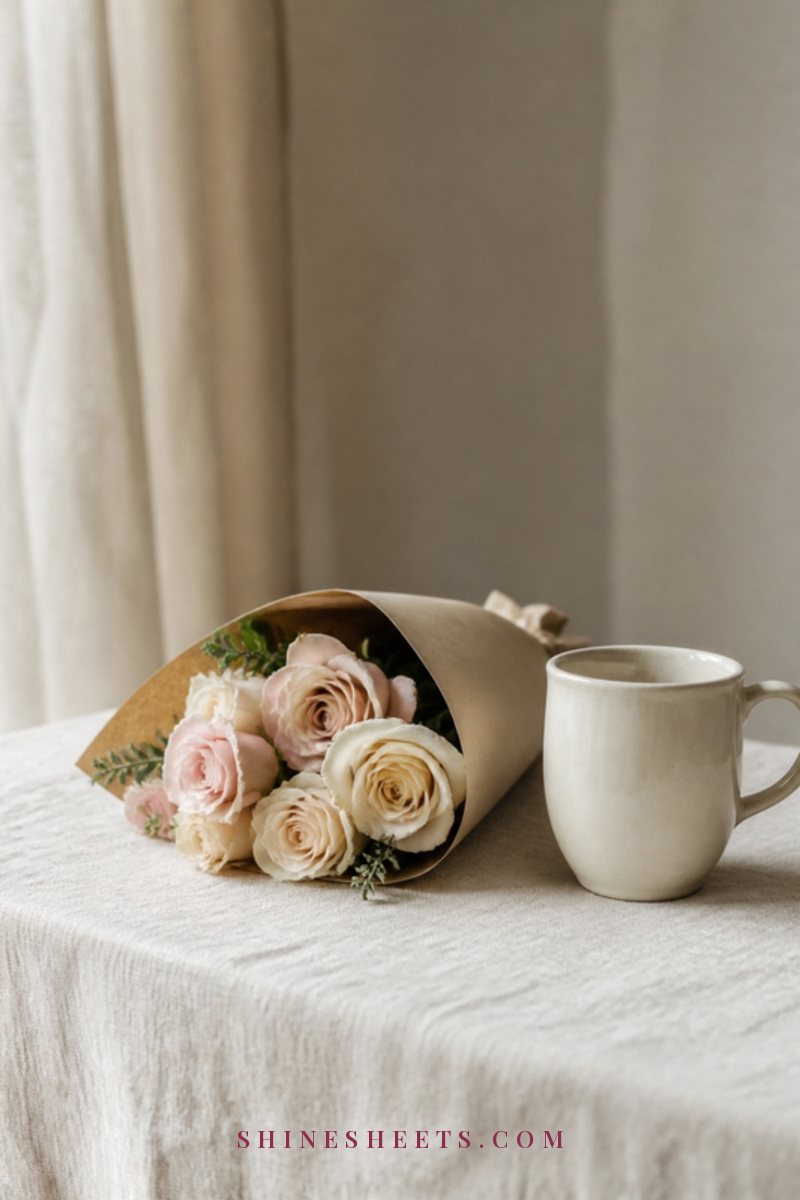 A small bouquet of blush and cream flowers wrapped in paper resting on a linen tablecloth beside a single ceramic mug