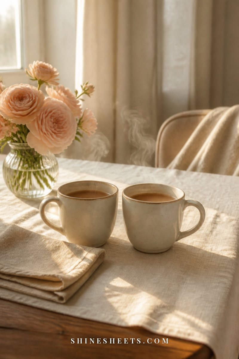 Two cream ceramic mugs of tea on a linen-covered wooden table with a small vase of blush flowers in soft morning light
