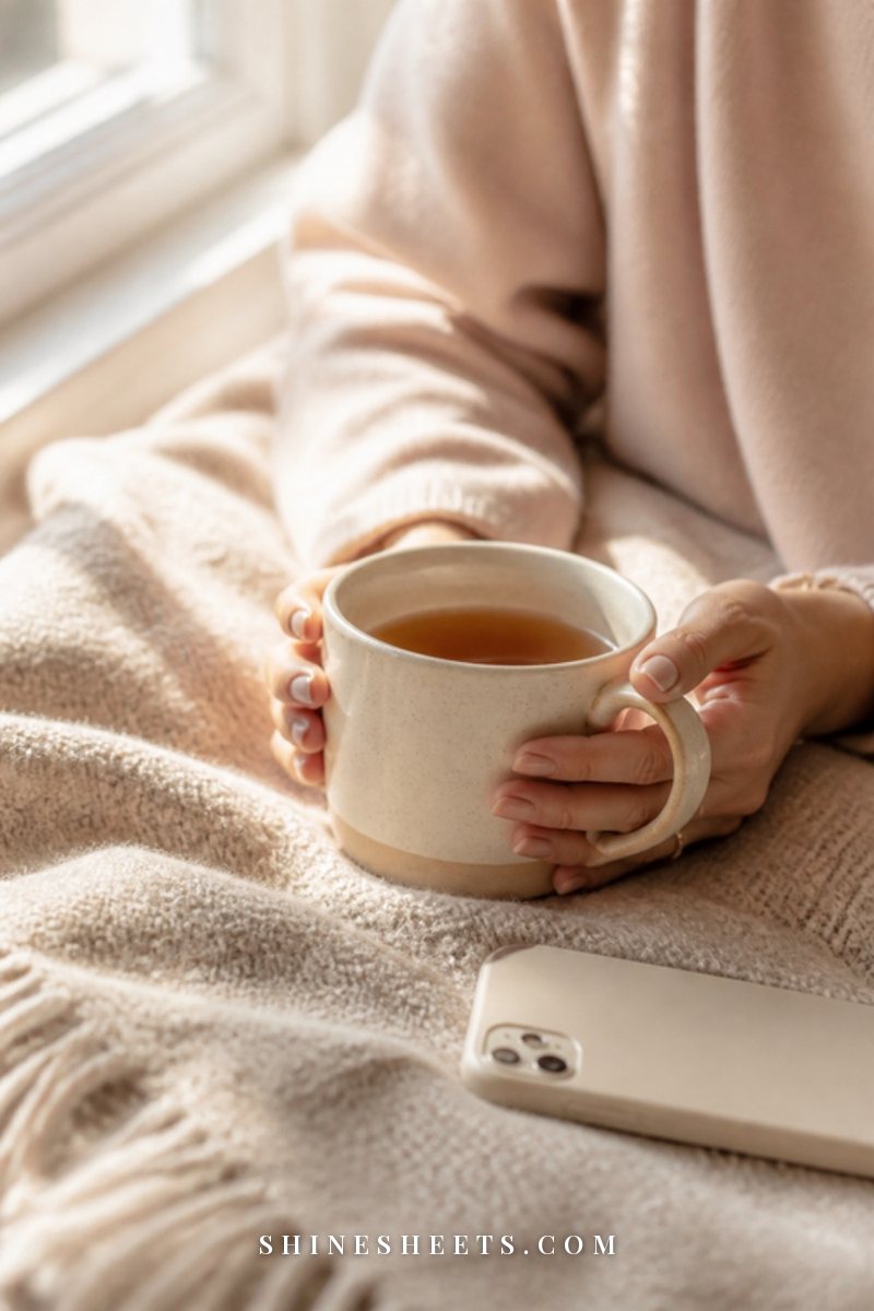 A woman's hands holding a cream ceramic mug of tea on a soft knit blanket by a sunny window, with a phone face-down beside her