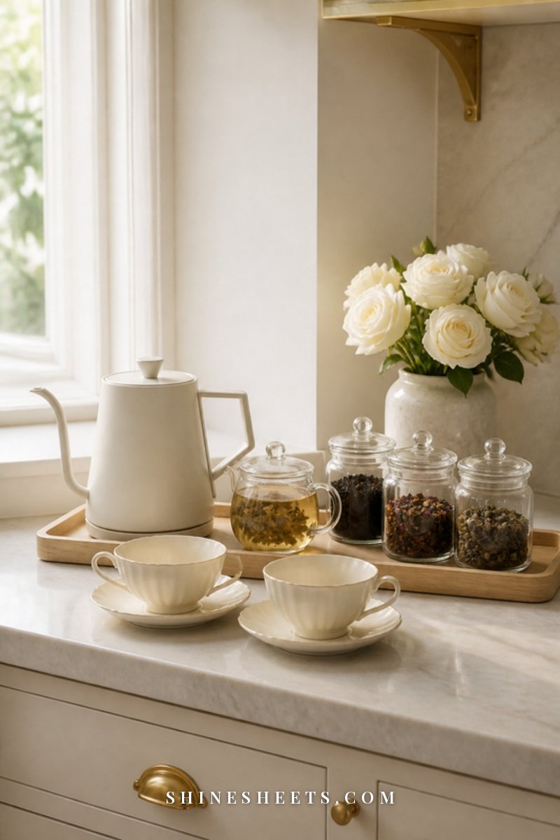 Calm tea corner on a cream kitchen counter with a white gooseneck kettle, a glass teapot, cream cups and a small vase of flowers
