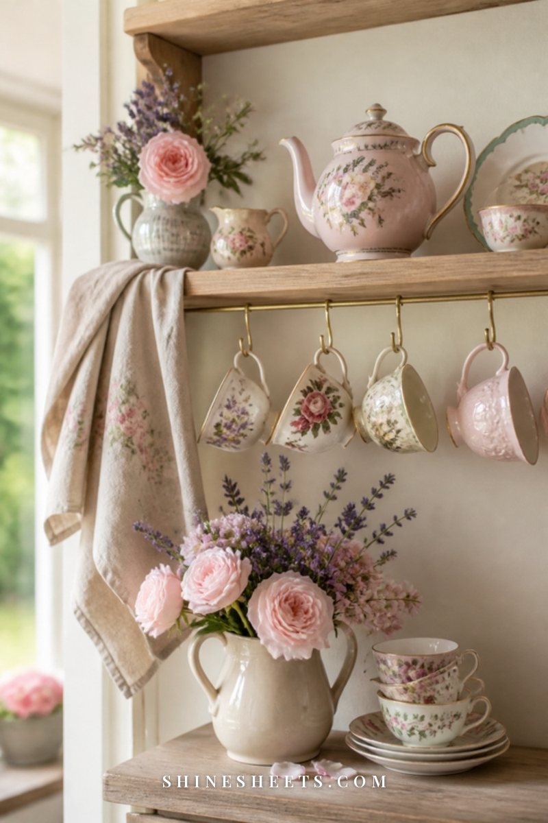 Cottage-style tea corner with a floral porcelain teapot, mismatched cups, a linen tea towel and a jug of garden flowers on a wooden shelf