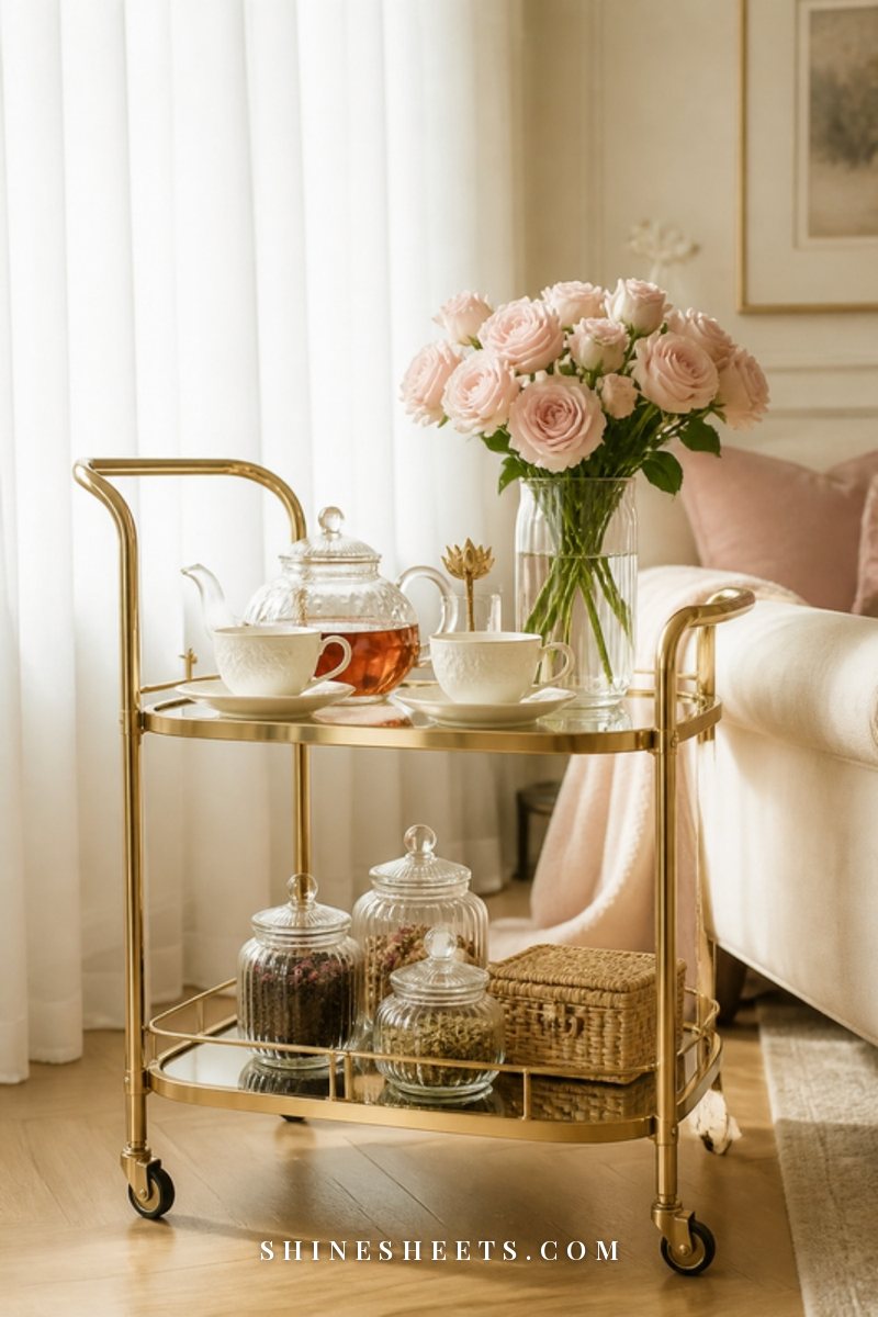 Gold two-tier bar cart styled with a glass teapot, cream cups and saucers, tea jars and a vase of blush roses in a bright living room