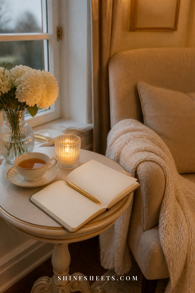 Small side table by a window with a cup of tea, a glass candle, an open cream journal with blank pages and a soft knit throw
