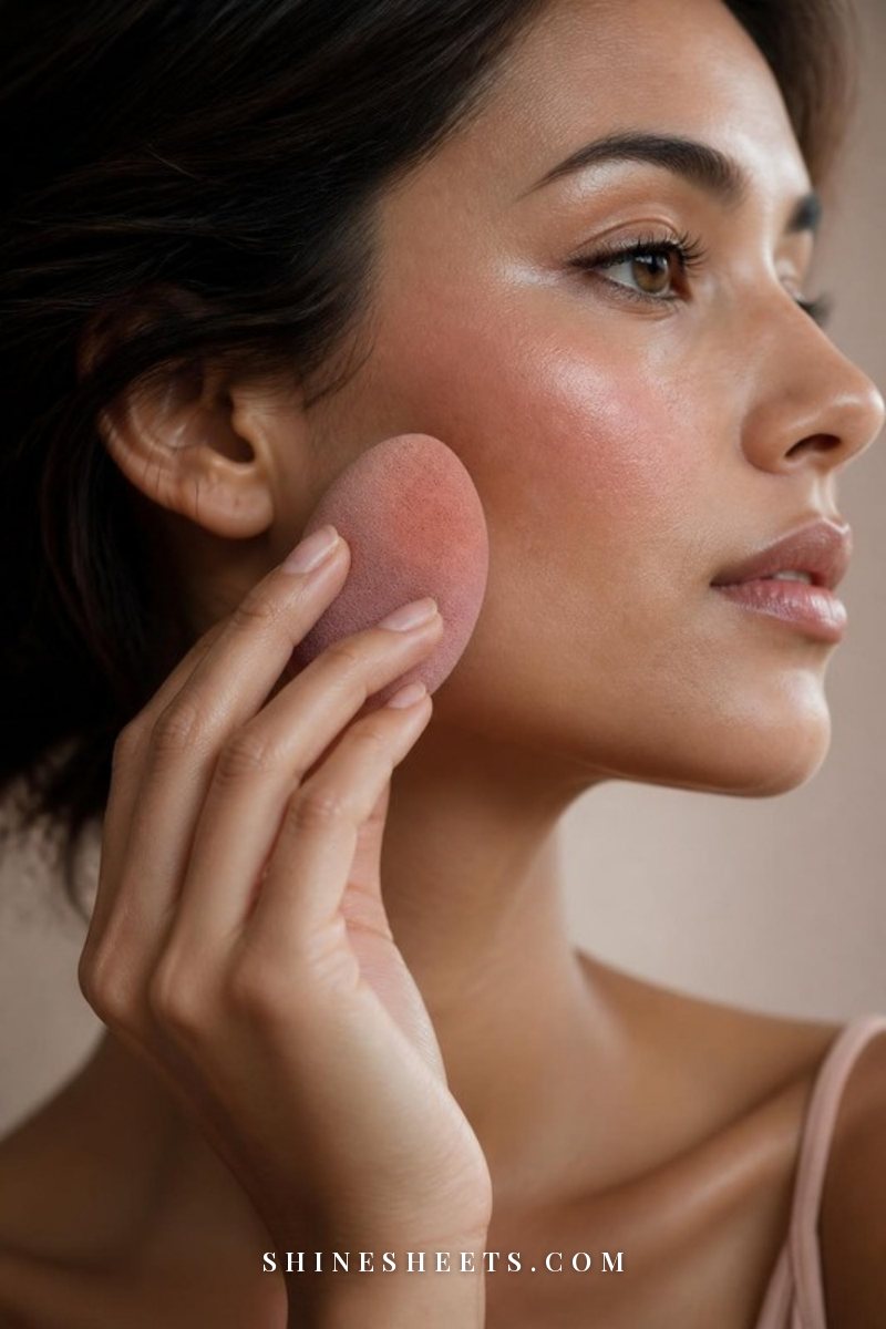 Close-up of a woman's cheek with a sheer, smooth skin-like foundation finish in soft natural light