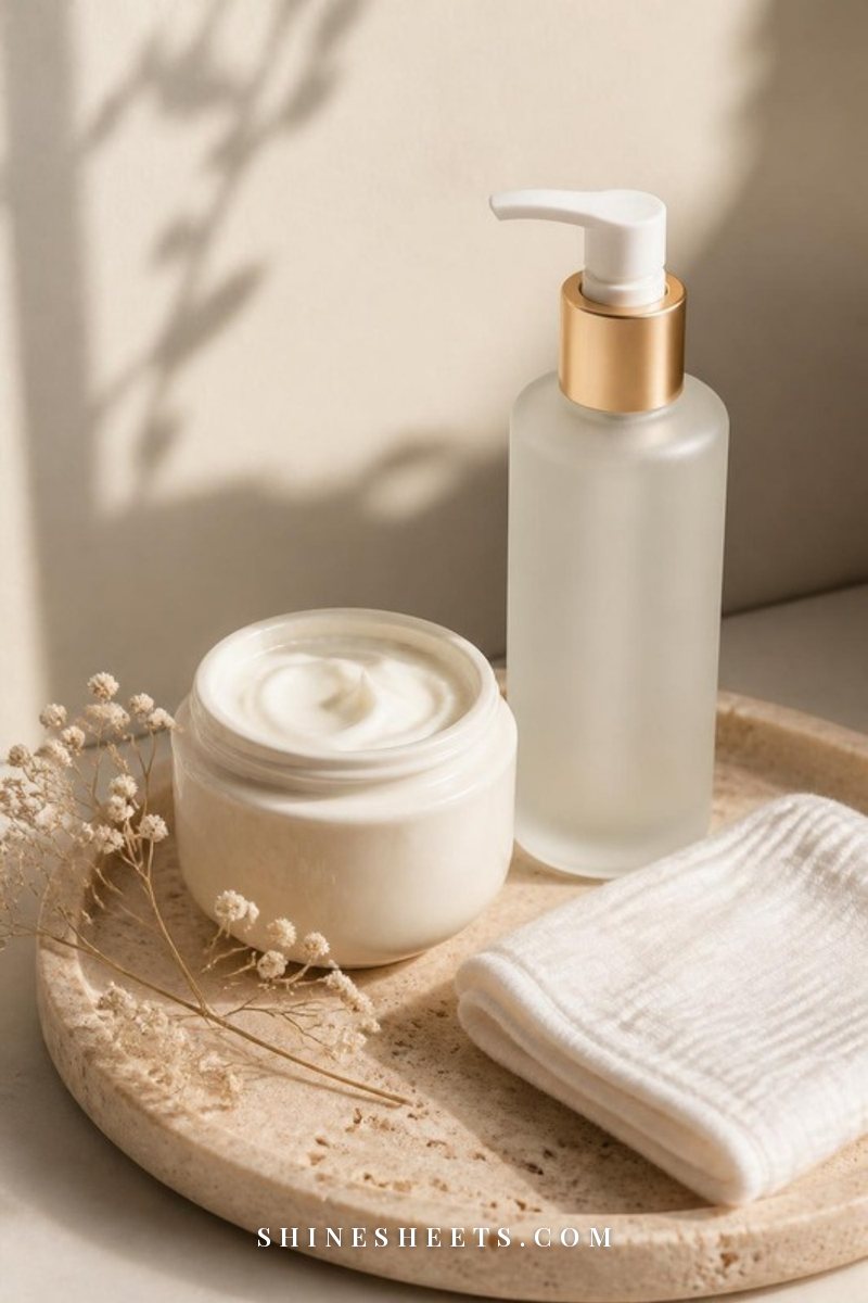 Cream jar of ceramide moisturizer, a gentle cleanser bottle and a folded white face cloth on a beige travertine tray in soft light