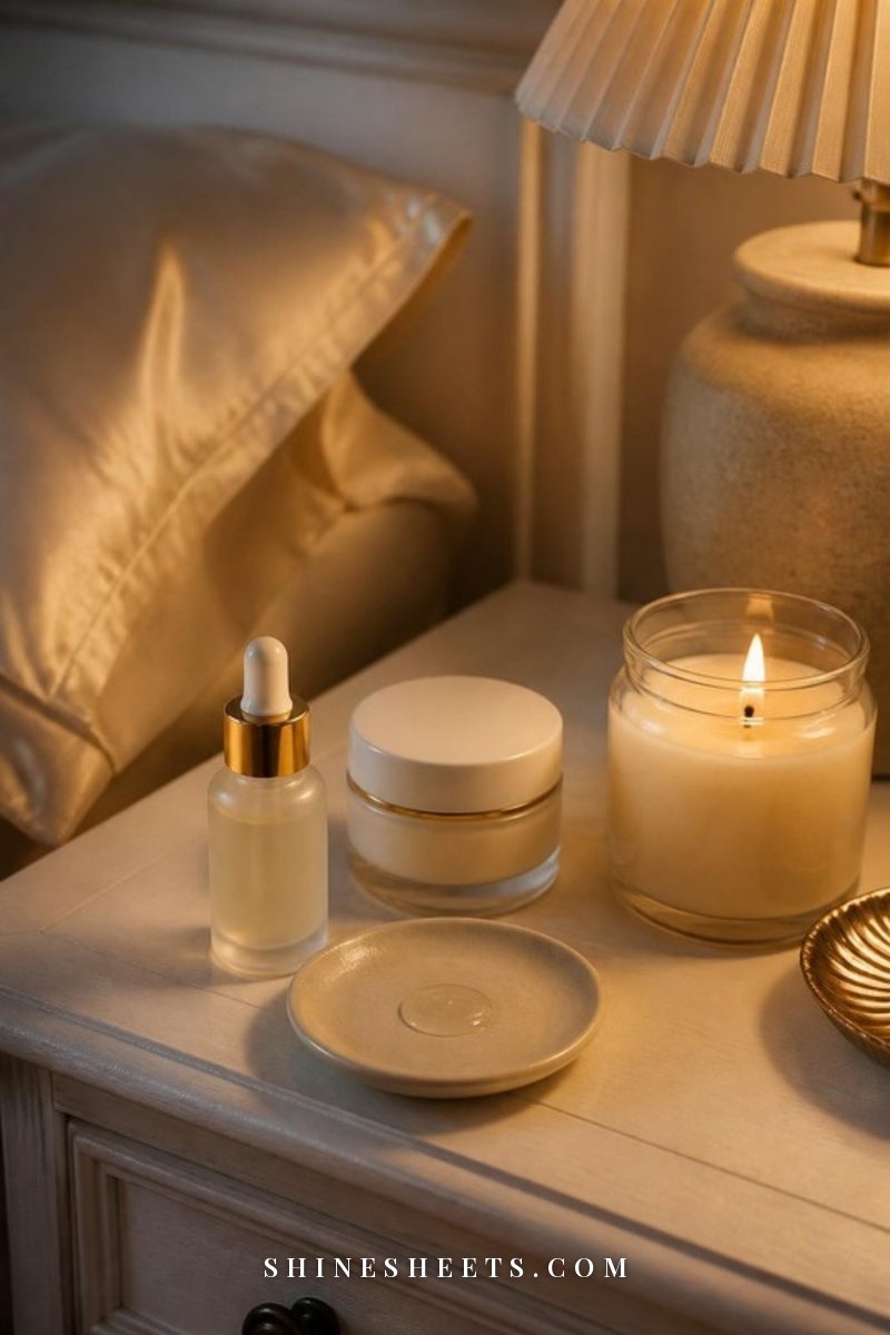 Small frosted glass serum bottle, a cream moisturizer jar and a lit glass candle on a white nightstand in warm evening light