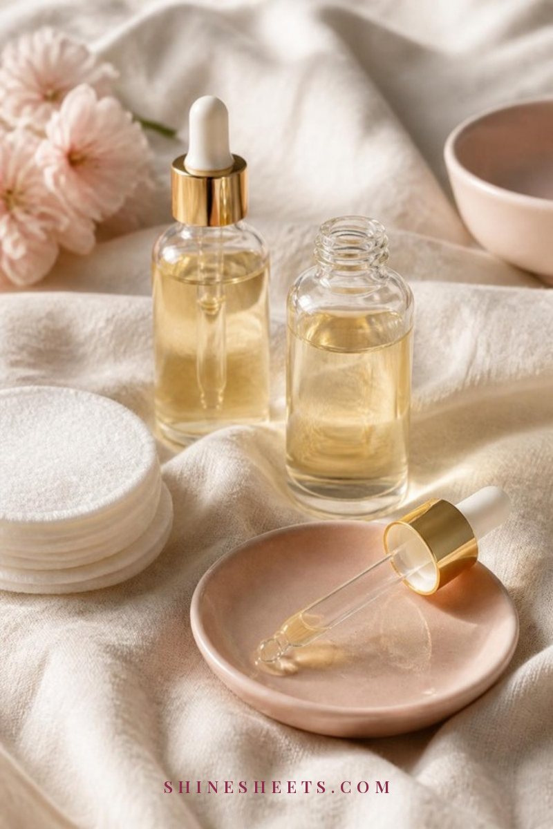 Two clear glass dropper serum bottles and round cotton pads on a cream linen cloth beside a blush ceramic dish
