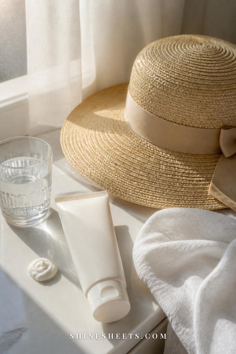 Unlabeled cream sunscreen tube beside a woven sun hat and folded white linen on a sunlit windowsill