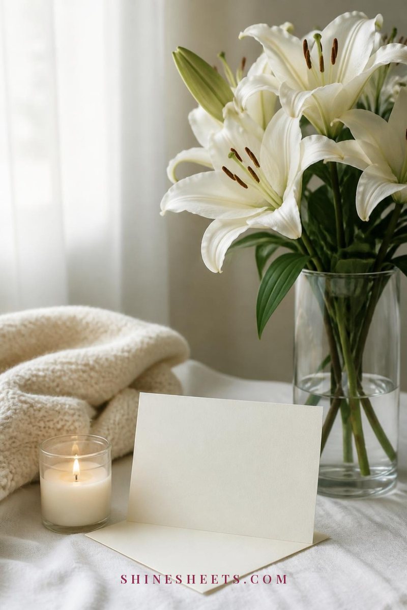 Cream card and envelope beside a vase of white lilies and a lit candle in soft window light