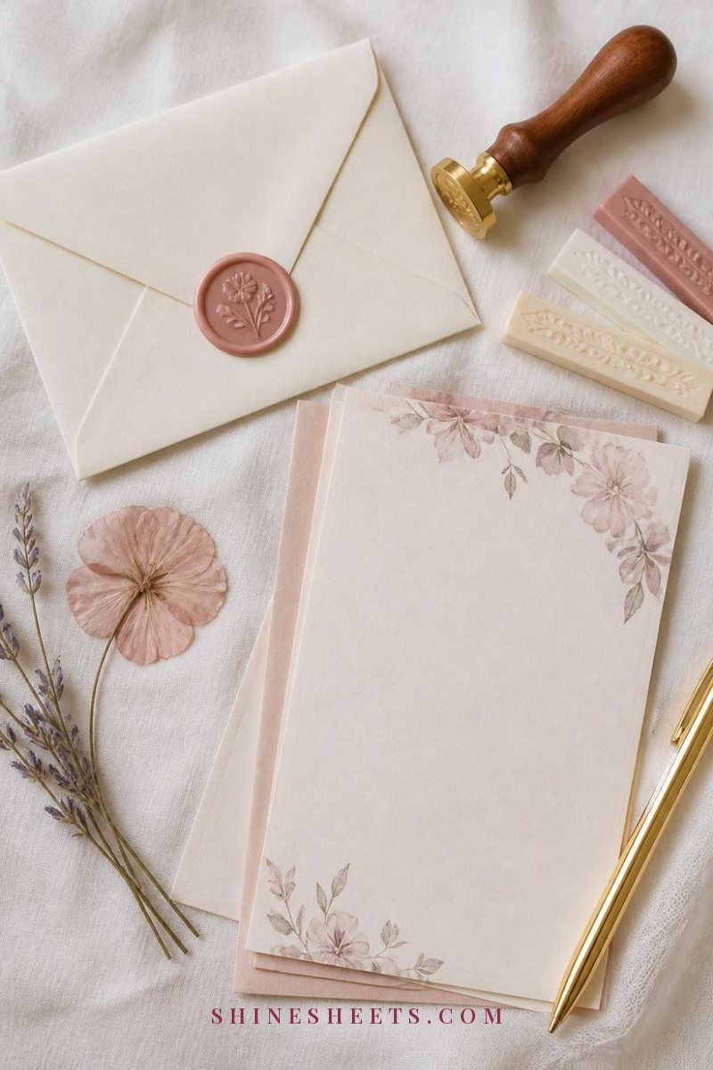 Cream envelope sealed with blush wax next to a brass wax seal stamp, wax sticks and floral stationery on white linen