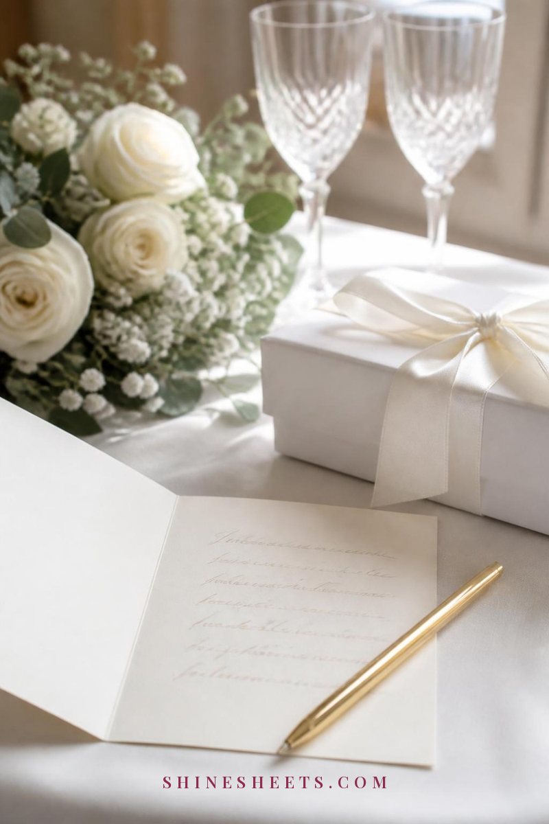 Cream thank you card with a gold pen beside a white gift box with a satin ribbon and a small bouquet of white roses