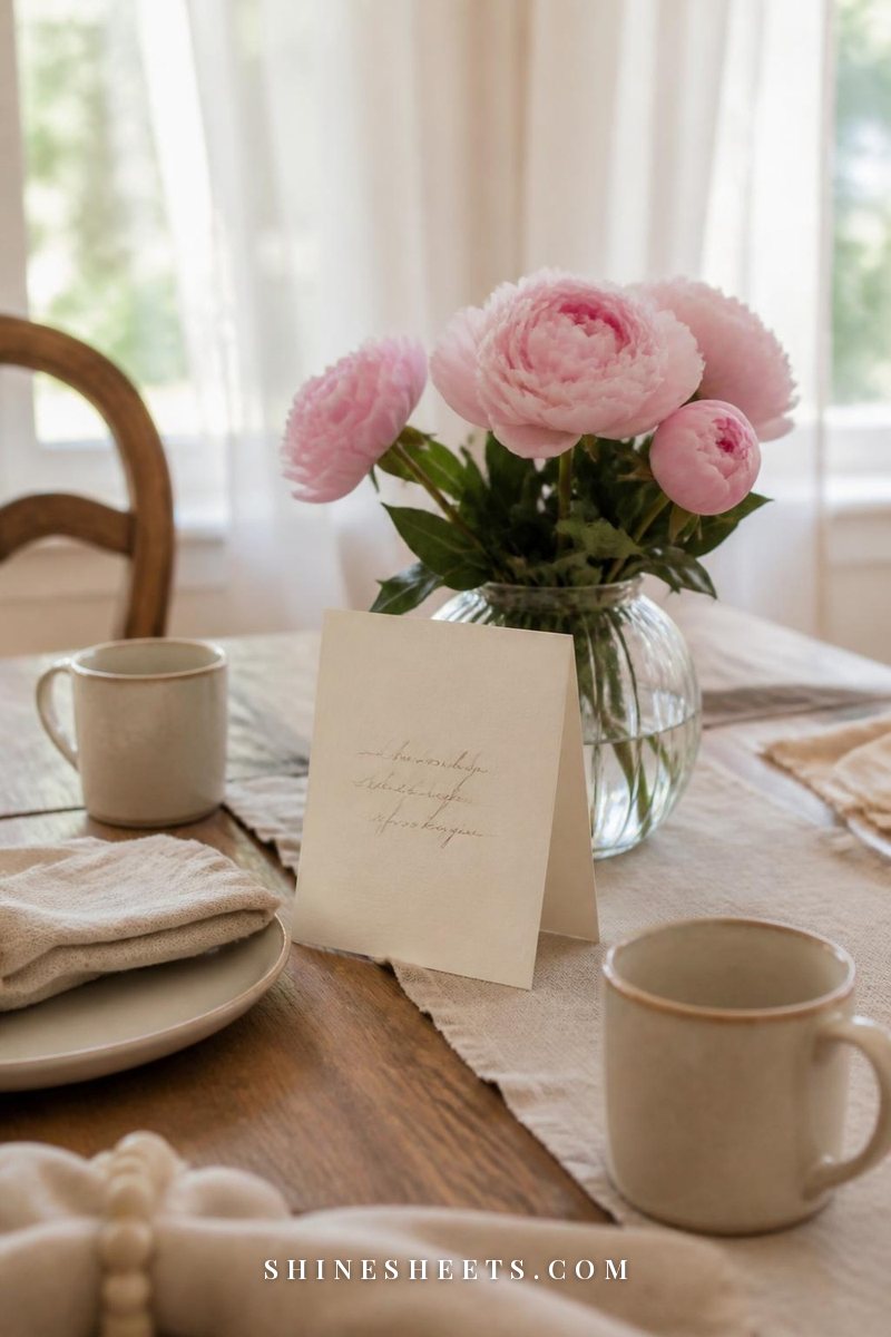 Cream thank you card propped against a small vase of pink peonies on a set dining table with linen napkins