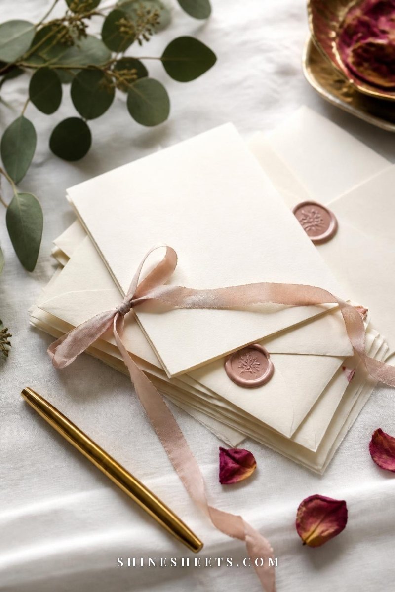 Stack of cream thank you cards and envelopes with blush wax seals, a gold pen and a sprig of eucalyptus on white linen