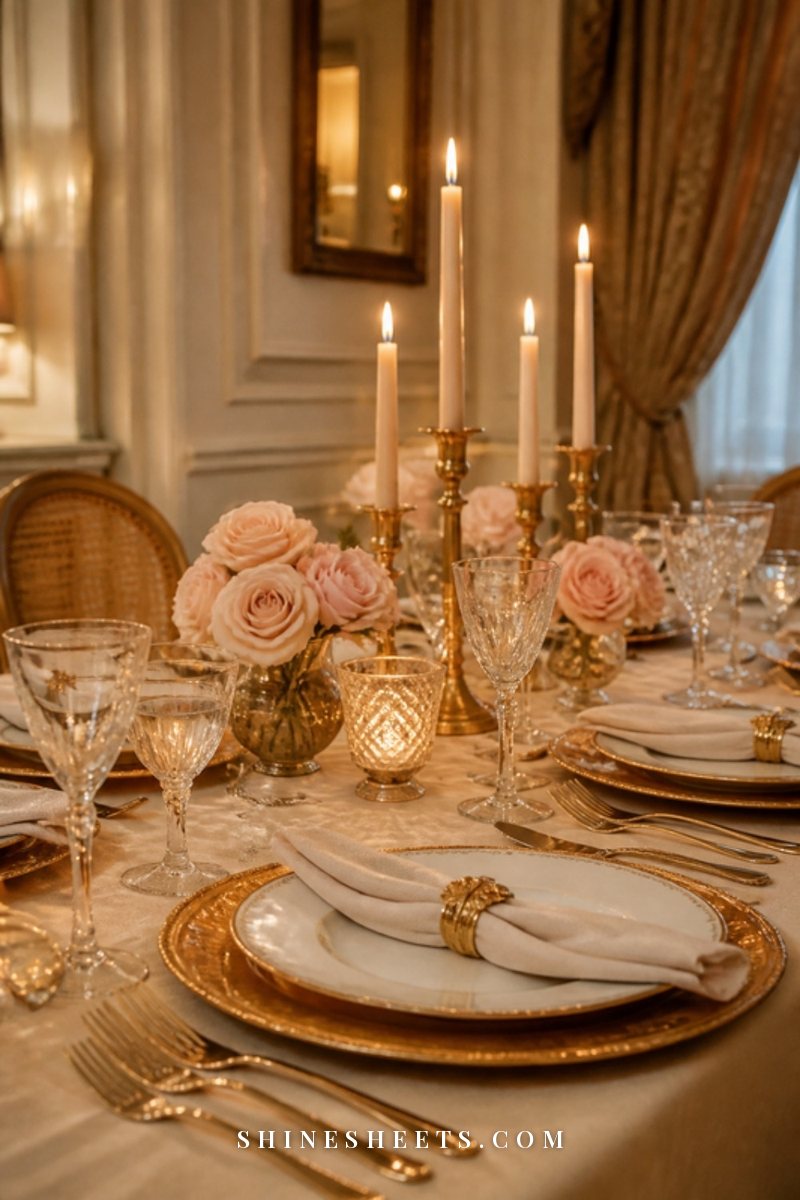 Elegant Thanksgiving table with gold chargers, white plates, crystal glasses and ivory taper candles in brass holders