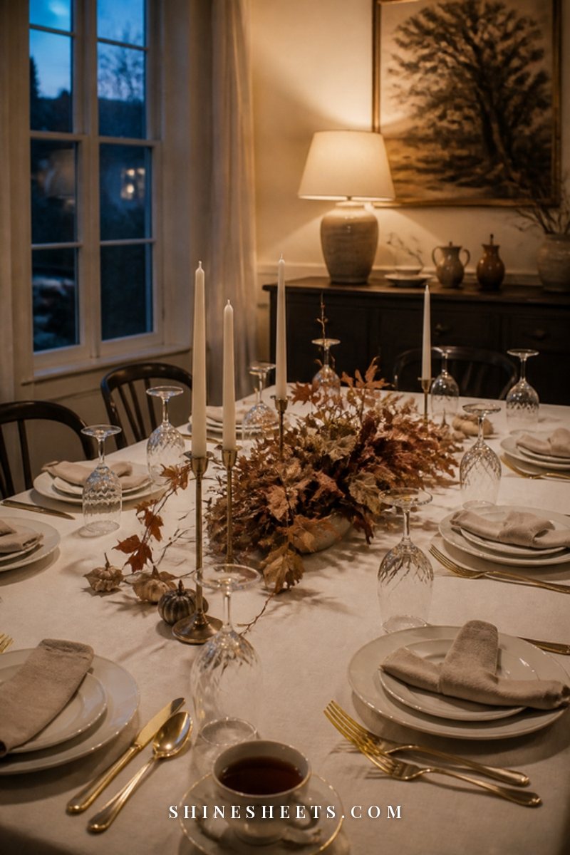Fully set Thanksgiving table in the evening with unlit candles, folded napkins and glasses ready for the next day