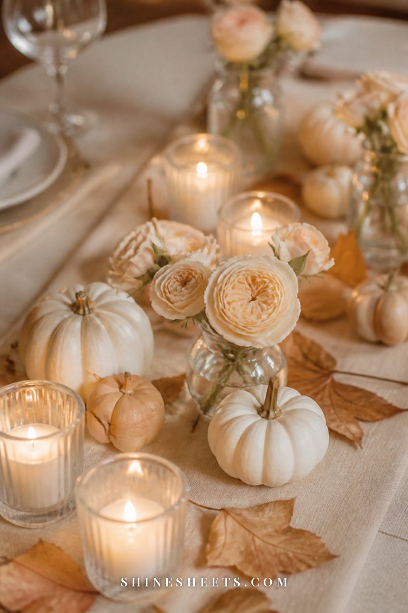 Low Thanksgiving centerpiece with glass votives, small white pumpkins and dried leaves on a cream linen runner