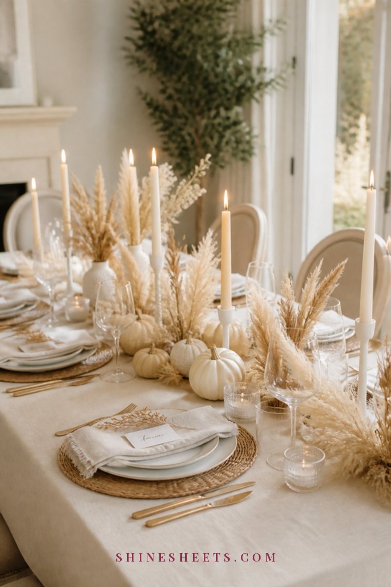 Neutral Thanksgiving table with cream linen, white plates, ivory taper candles and dried pampas grass