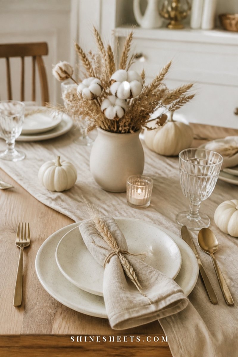 Rustic Thanksgiving table with a wrinkled oatmeal linen runner, stoneware plates and twine-tied napkins