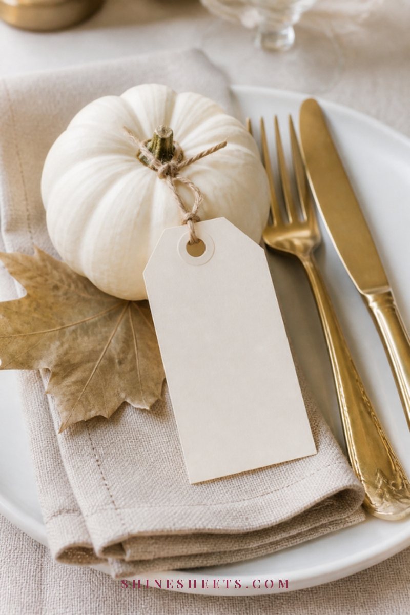 Small blank cream place card tied to a white mini pumpkin on a folded linen napkin