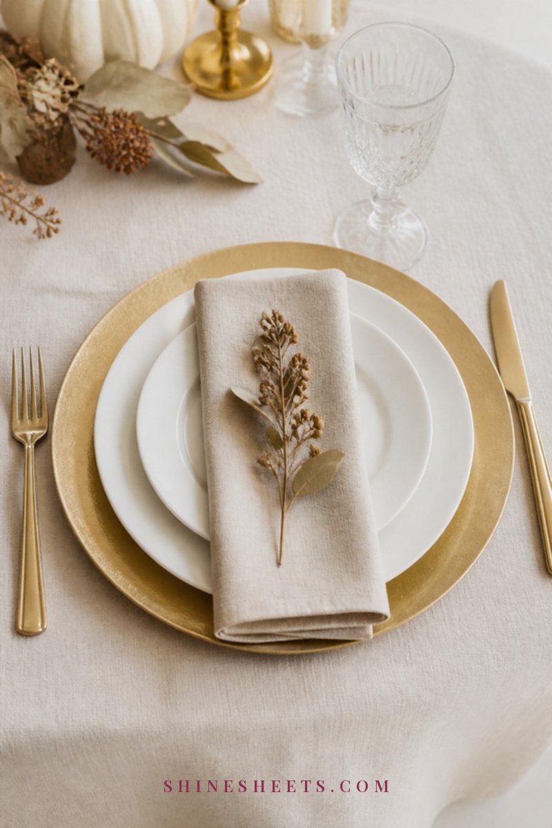 Thanksgiving table built in layers with a cream linen tablecloth, white plates, beige napkins and gold cutlery
