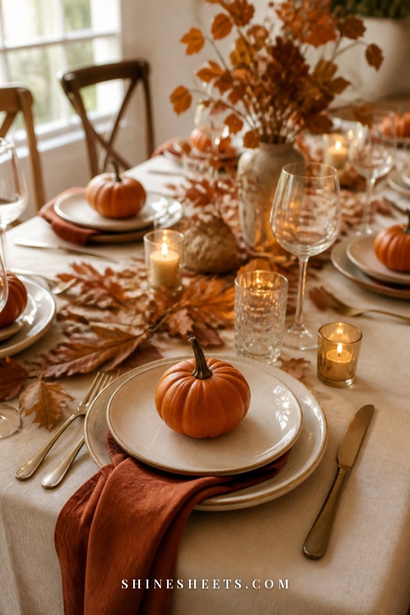 Warm harvest Thanksgiving table with rust napkins, cream plates, small pumpkins and dried autumn leaves